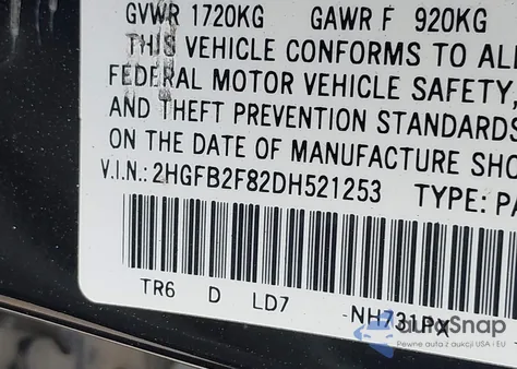 2013 Honda Civic Ex from USA, damaged, VIN 2HGFB2F82DH521253